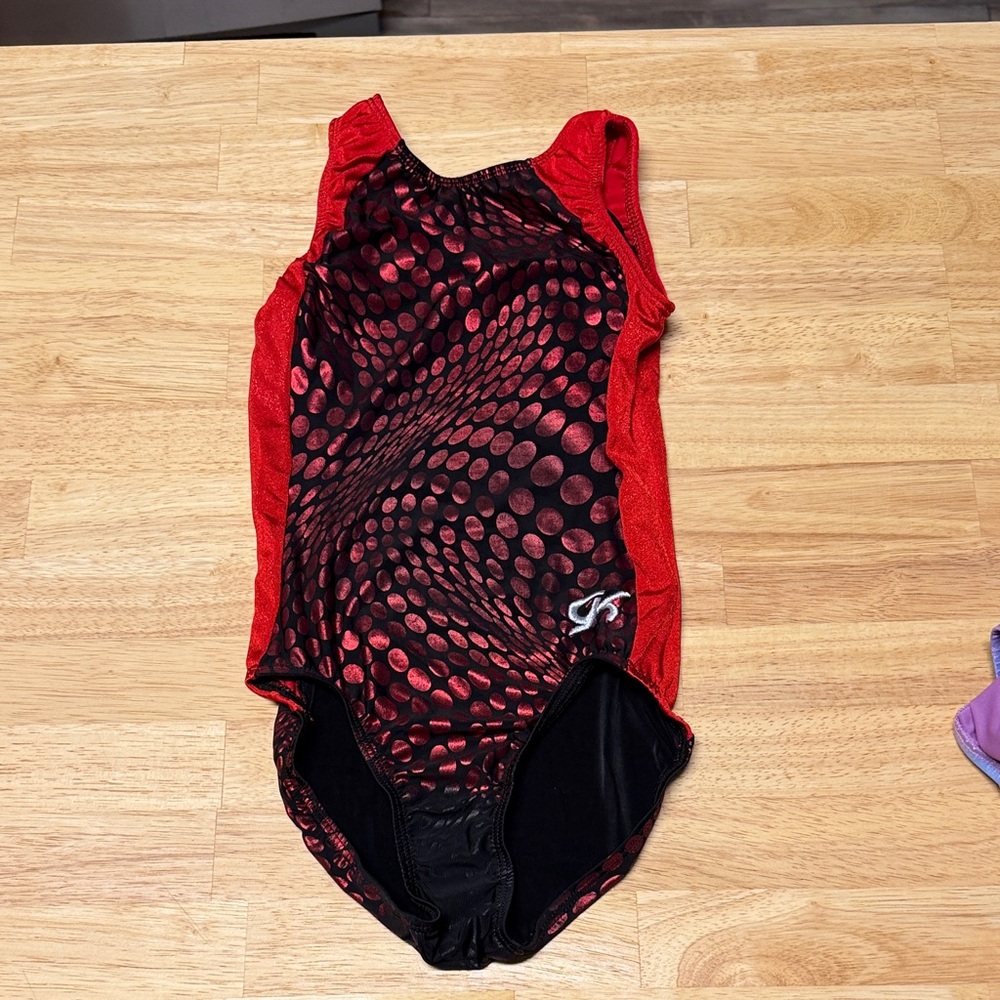 GK Elite Gymnastics Leotard Girls Red and Black Foil Dot Shimmer Practice Leo